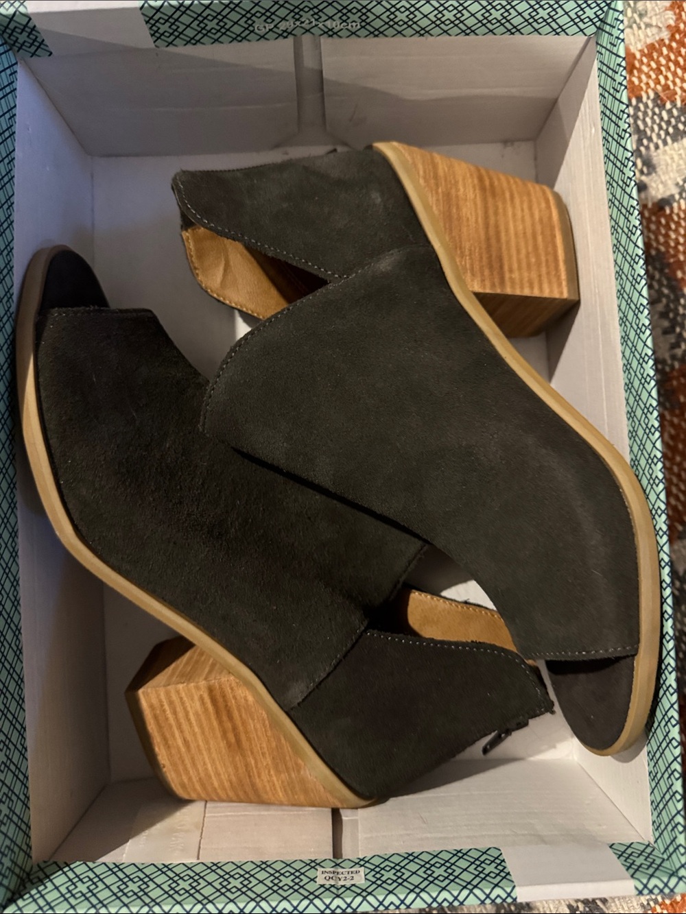 Susina Black Suede Cutout Peep-Toe Block Heel Booties with Wooden Heel